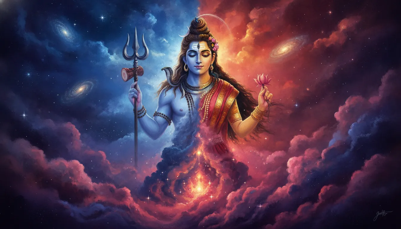 Ardhanarishvara emerging from a colorful stellar nursery nebula