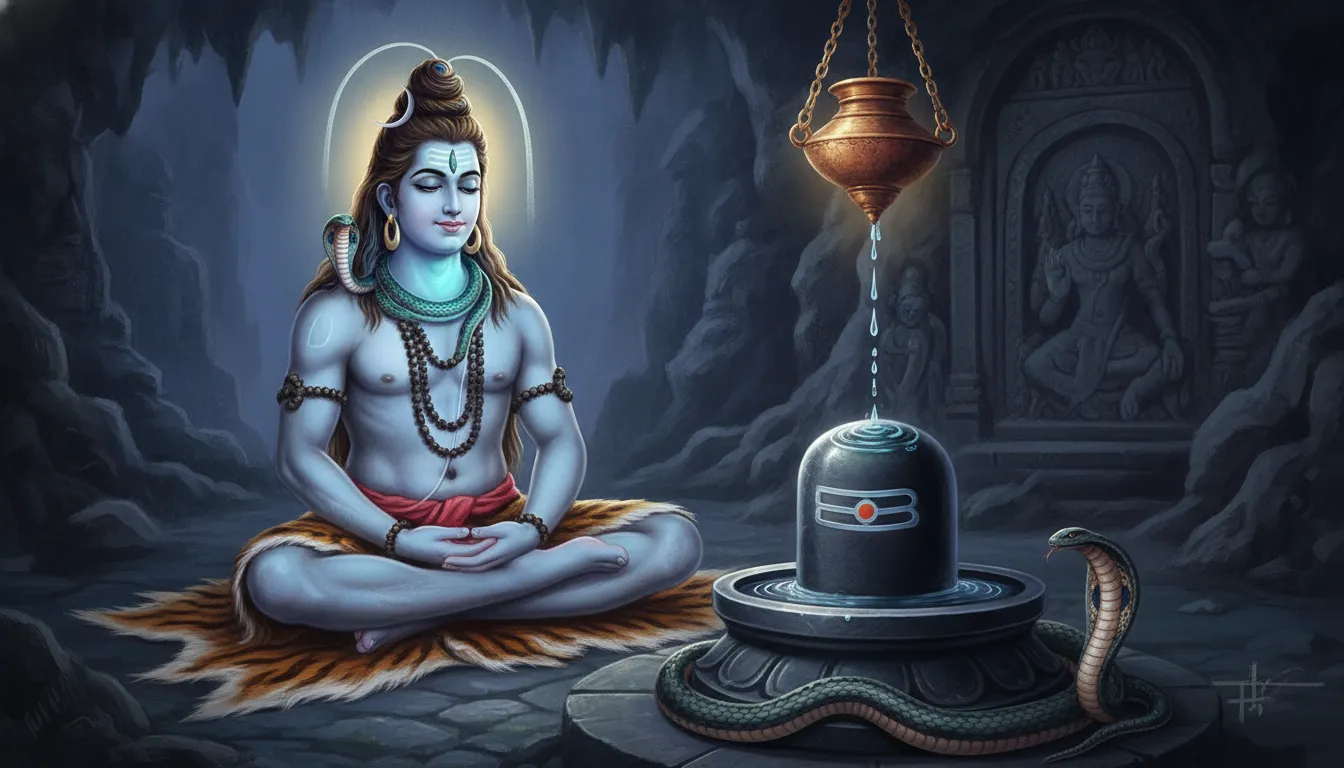 Lord Shiva as Neelkanth with a blue throat, sitting beside a sacred Shivling after consuming the Halahala poison during Samudra Manthan.