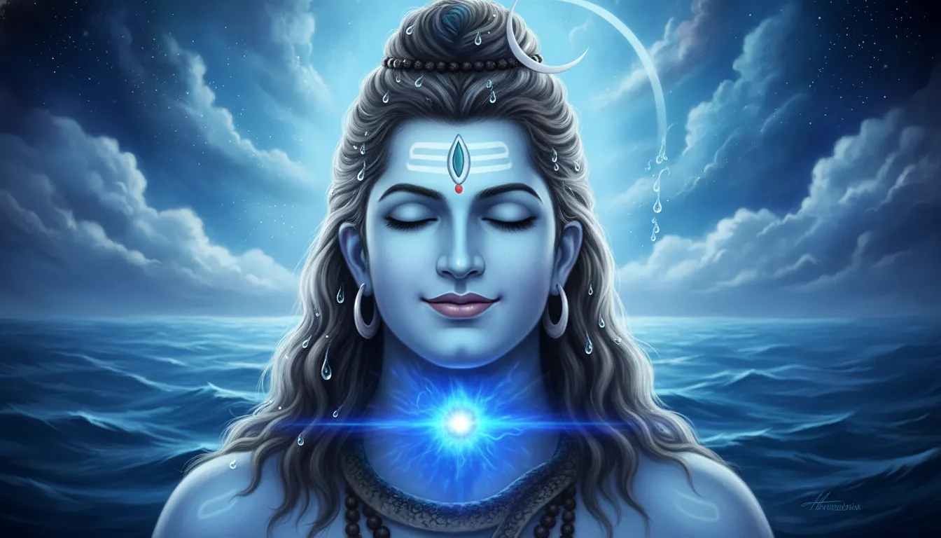 Lord Shiva as Neelkanth with a glowing blue throat after consuming the Halahala poison during Samudra Manthan.