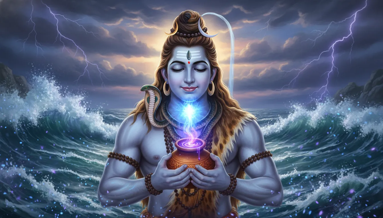 Lord Shiva drinking the cosmic poison Halahala during Samudra Manthan, turning his neck blue.