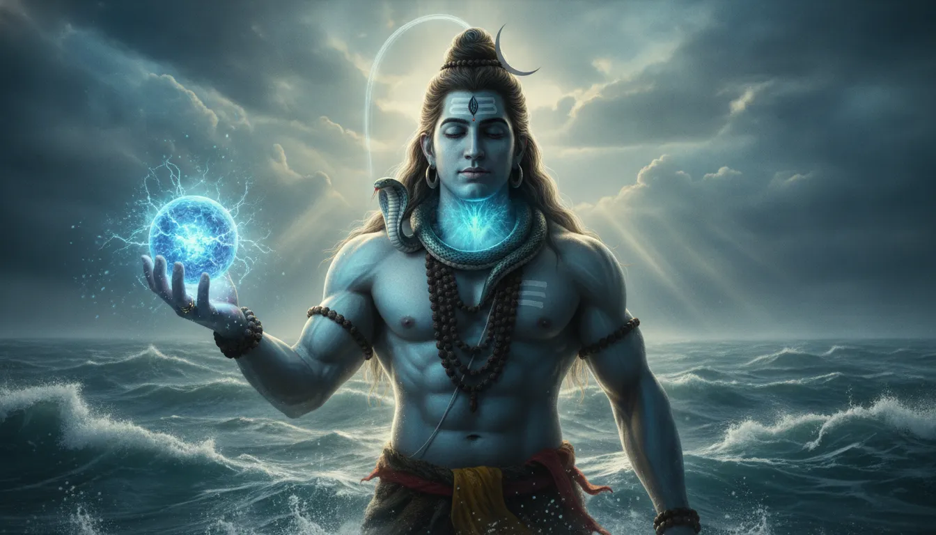 Har har mahadev ki photo showing Lord Shiva drinking the Halahala poison to save the world.
