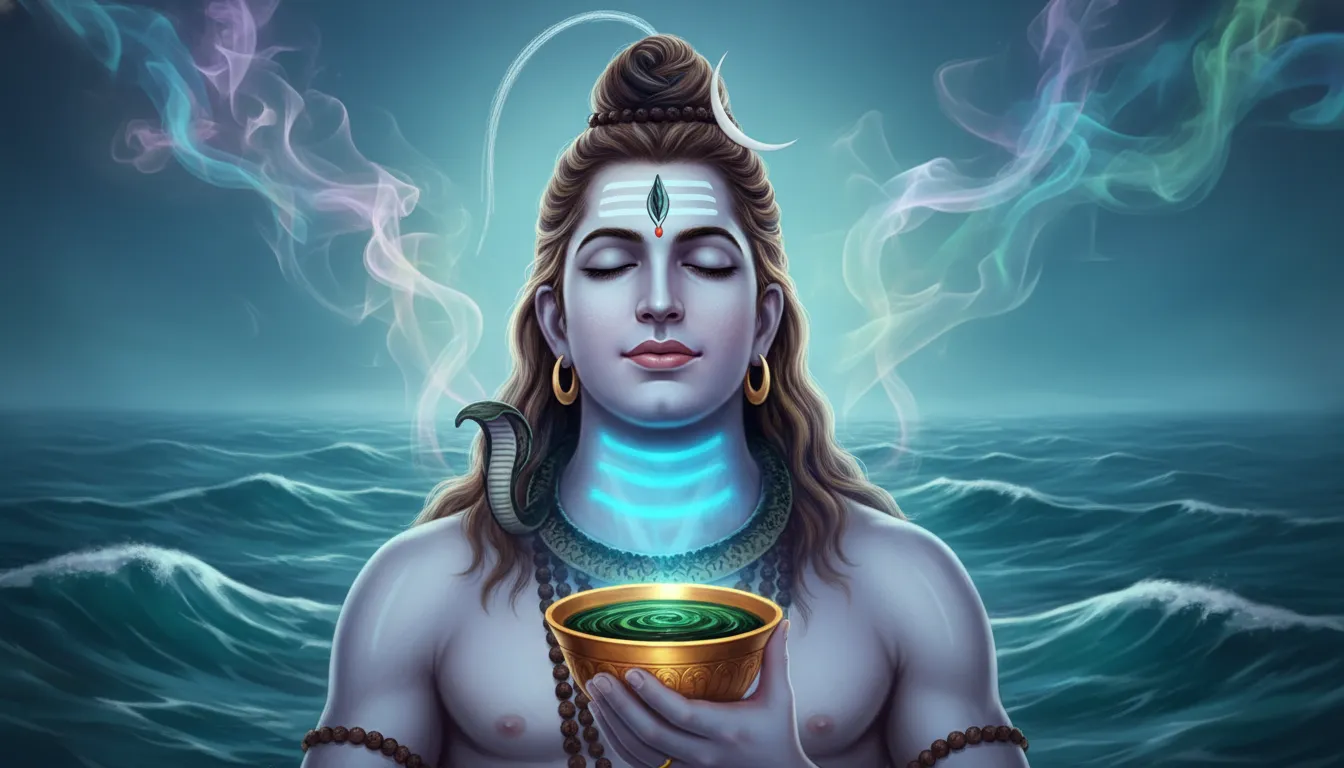 Neelkanth Mahadev full screen photo holding the Halahala poison with a glowing blue throat and compassionate look.