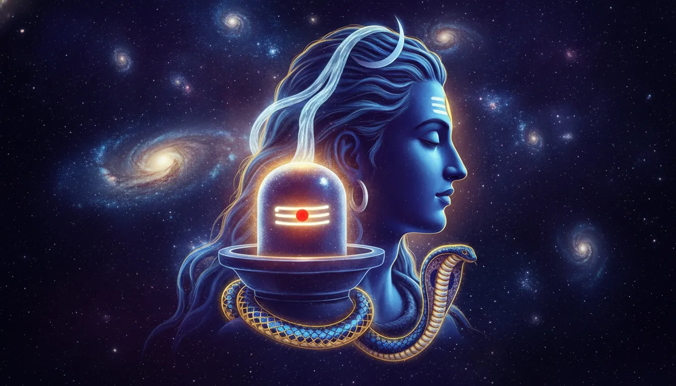 Modern spiritual neon art showing Lord Shiva face profile with a glowing glowing blue Shivling.