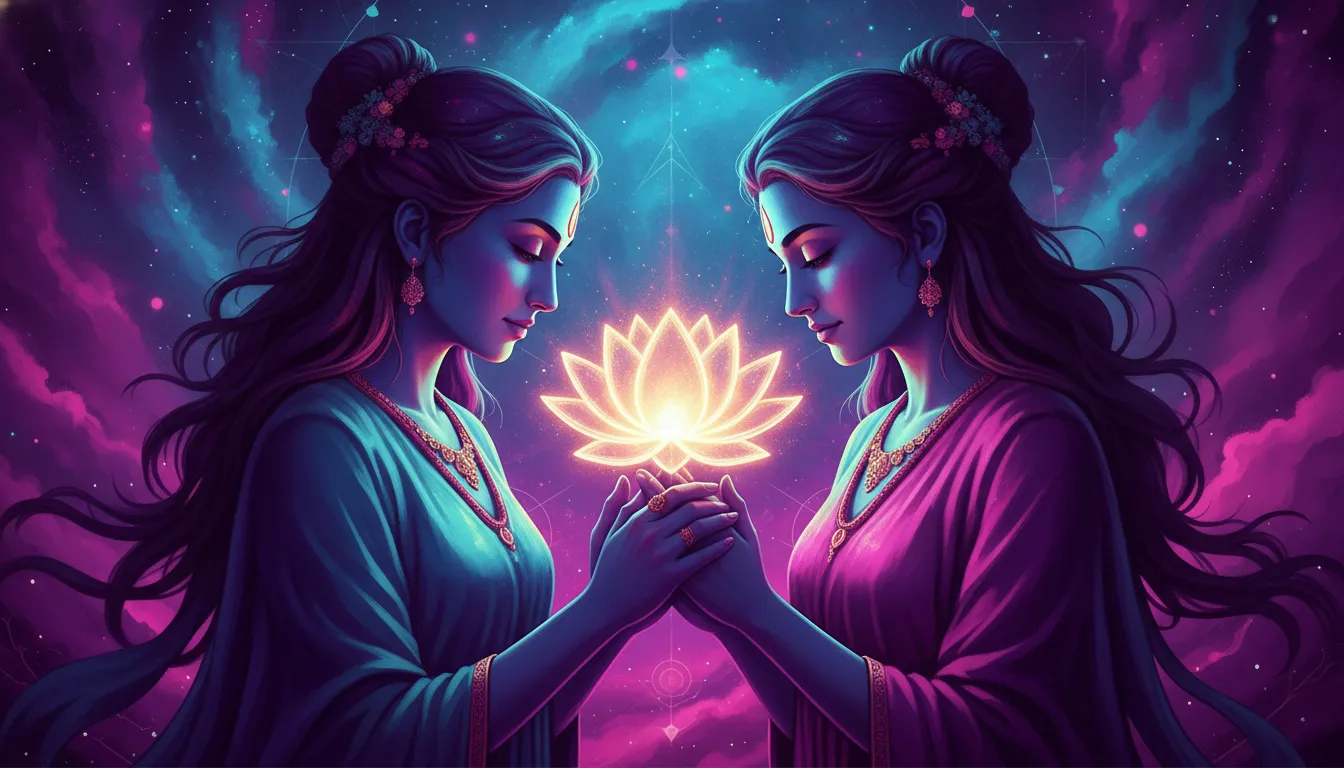 Vibrant cyan and magenta neon illustration of a divine couple holding a glowing lotus flower.