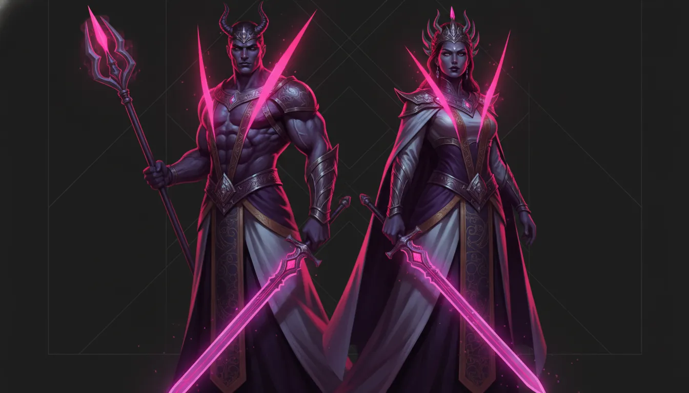 Powerful depiction of a divine couple standing tall with dramatic crimson and violet neon lighting.