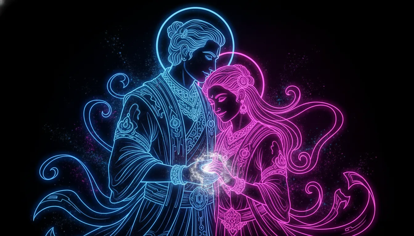 Mystical divine couple surrounded by glowing neon blue and pink spiritual energy lines.
