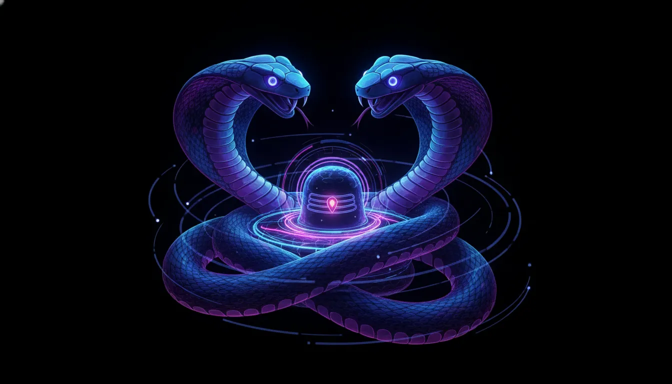 Vibrant neon gradient dual snake with shivling vector image on a pitch black background.