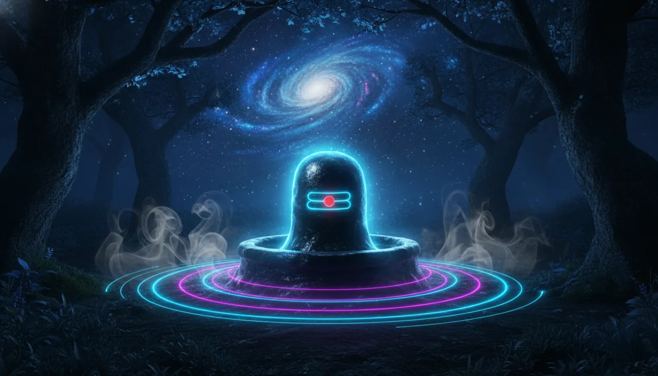 Full HD animated image of a glowing neon Shivling in deep meditation.