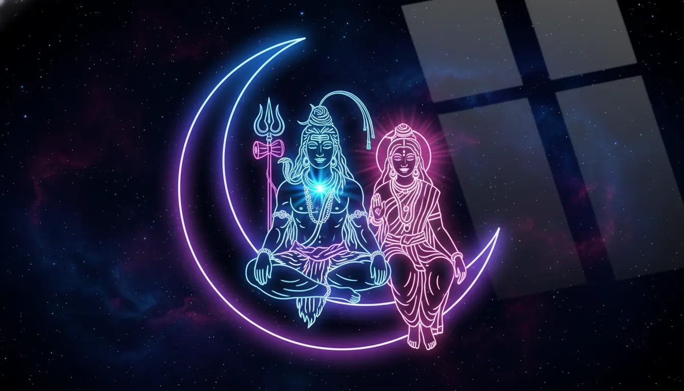 dynamic neon colors shiva parvati sitting on glowing crescent moon