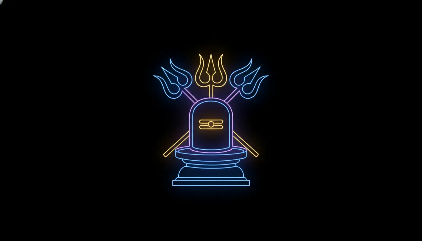 A modern neon linear 2D vector illustration of a Shivling and a crossed Trishul, featuring glowing vibrant lines on a dark background.