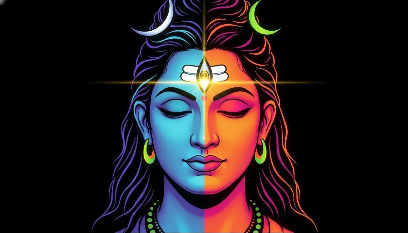 Vibrant neon pop art style dual face illustration of Shiva and Parvati