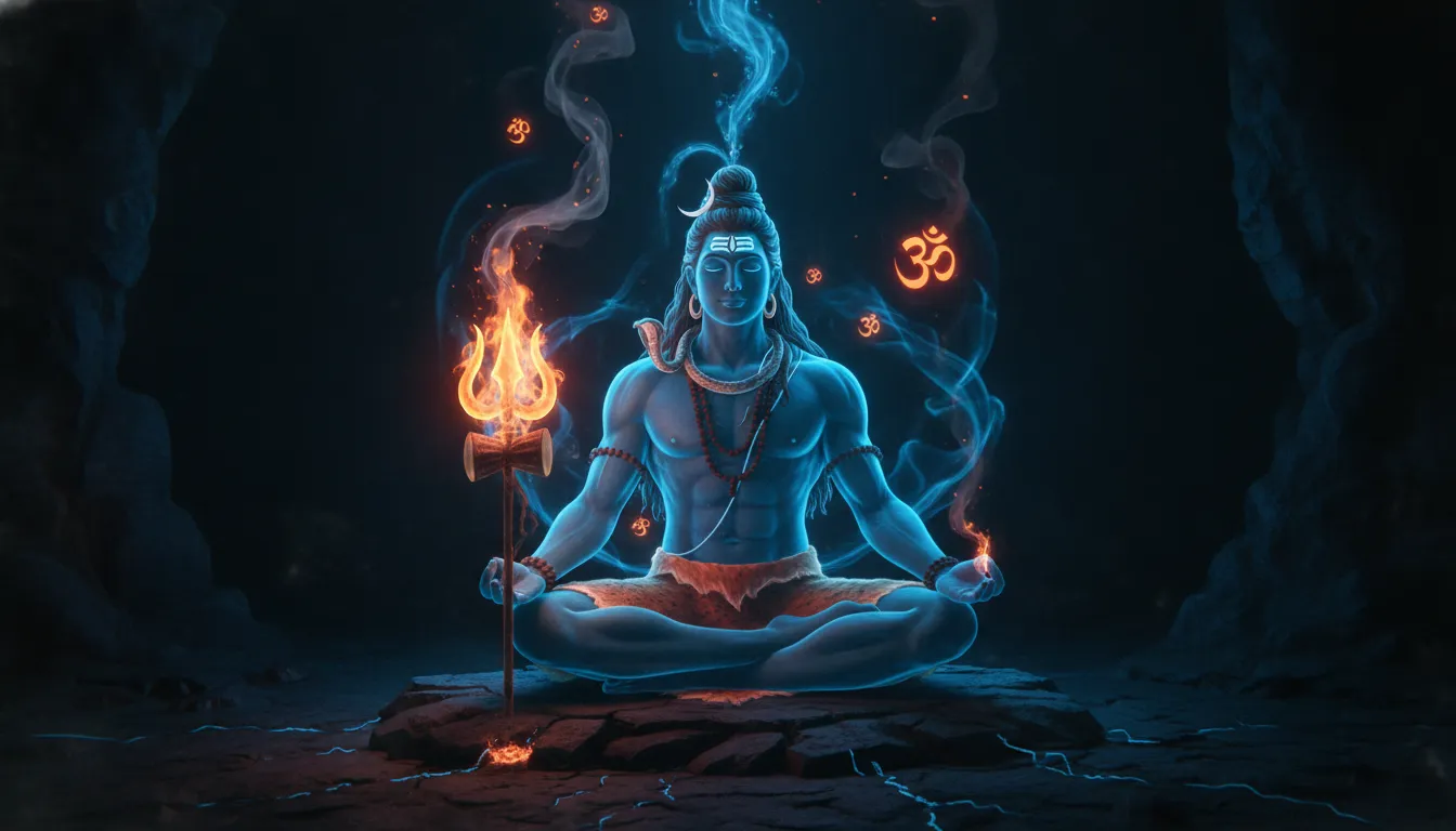 Modern digital art of Lord Shiva meditating with a glowing neon blue and orange burning trident.