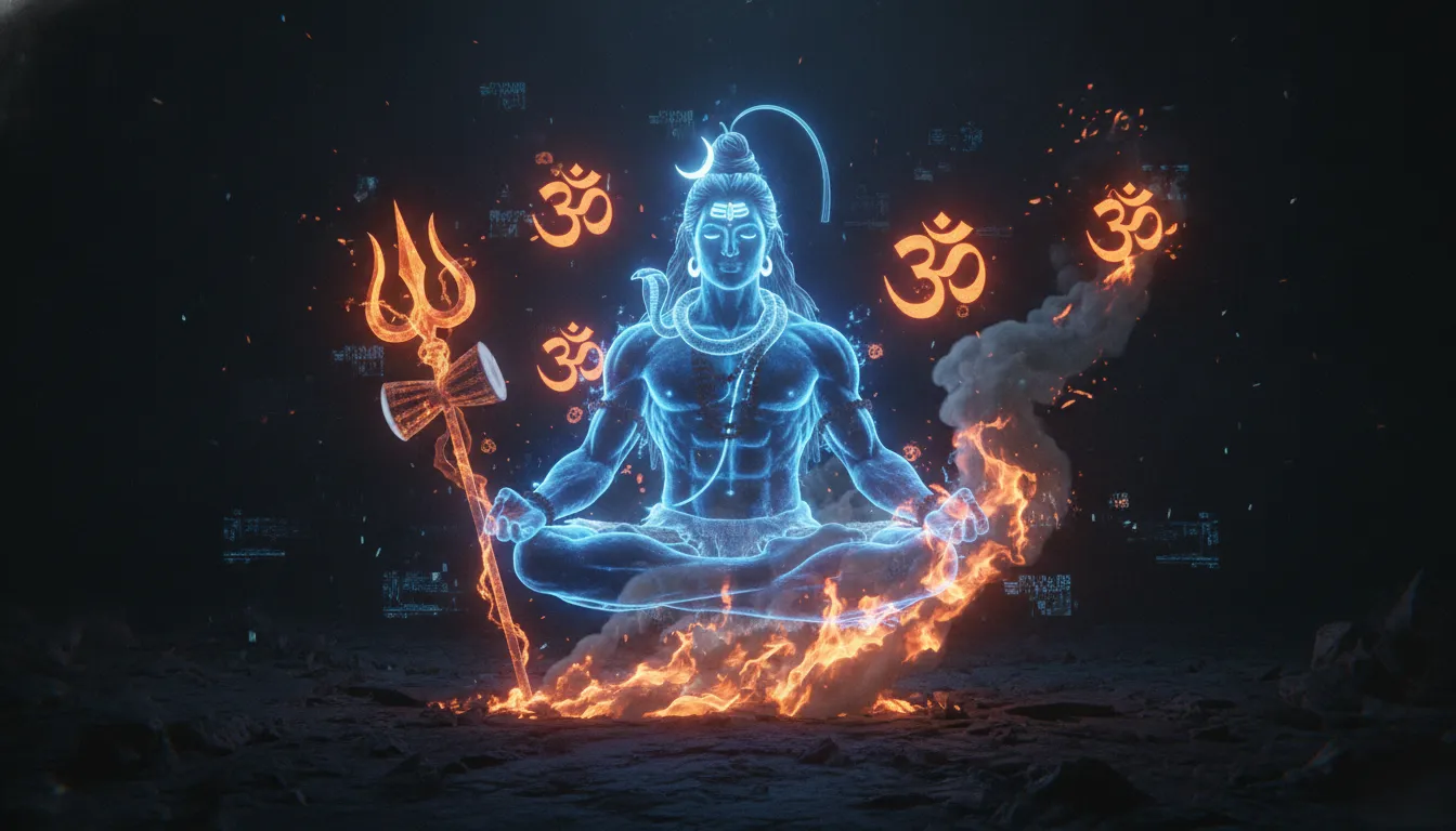Modern digital art of Lord Shiva meditating with a glowing neon blue and orange burning trident.