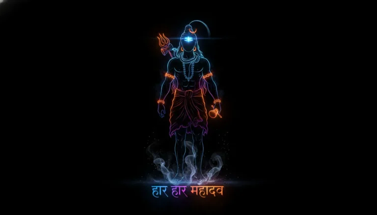 Modern neon glow silhouette of Lord Shiva with a glowing trident for status editing.