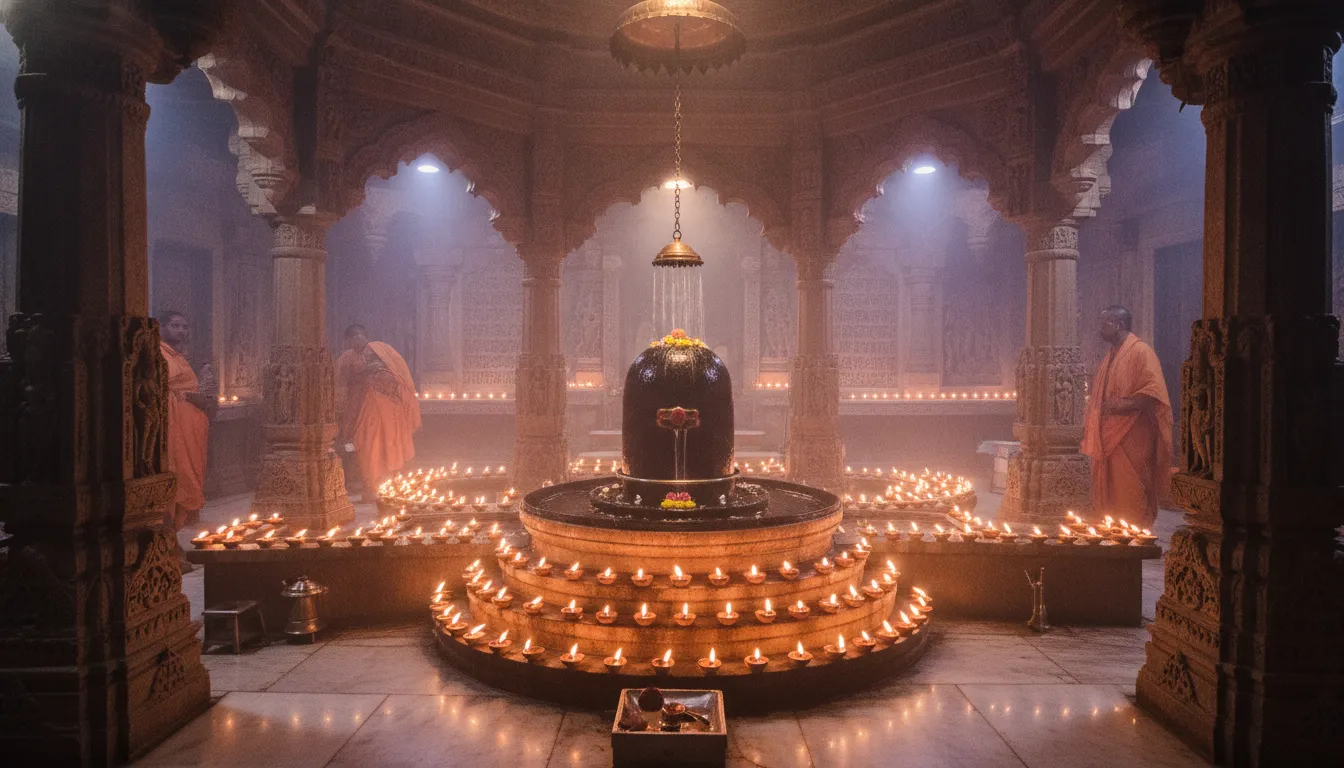 The Kashi Vishwanath Shivling beautifully illuminated by oil lamps and soft lighting at night.