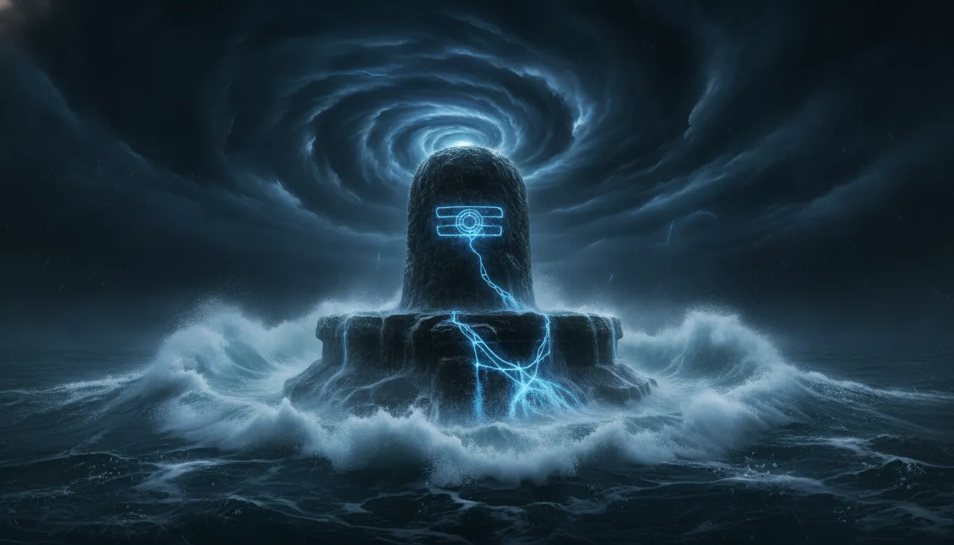 Fierce Mahakal Shivling standing amidst crashing oceanic waves in hungry form.