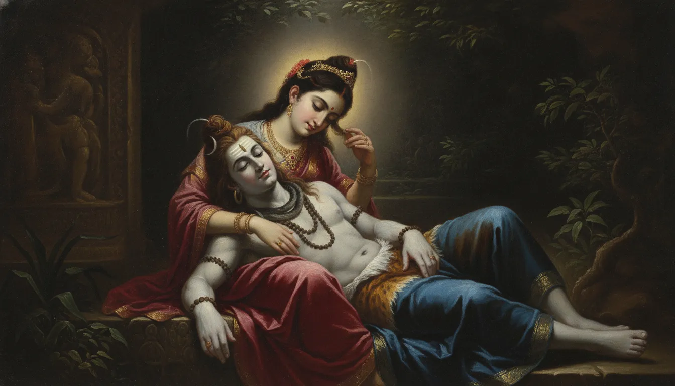 Classic oil painting of Parvati holding a resting Shiva with rich textures