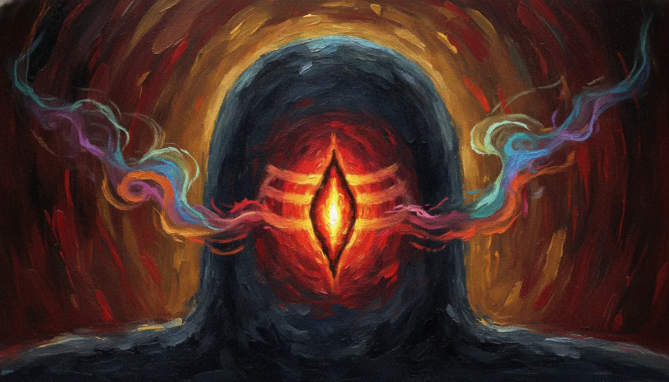 A rich texture oil painting of a sacred Shivling with a fiery orange and red third eye open, symbolizing transformation.