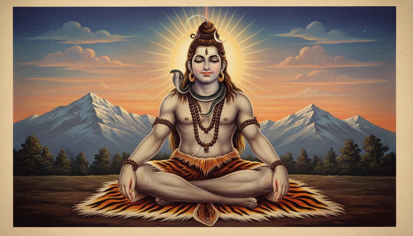 A vintage Indian calendar style artwork of Lord Shiva meditating with a golden aura.
