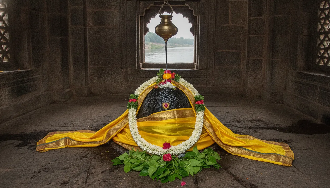 Omkareshwar Jyotirlinga shivling image located on the holy Mandhata island along the banks of the sacred Narmada River.