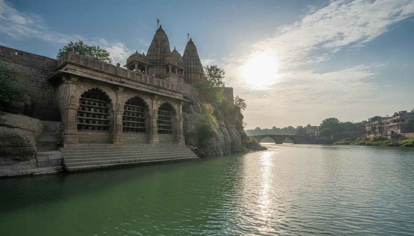 Omkareshwar temple structure housing 108 Shivlings situated on the banks of the Narmada River.