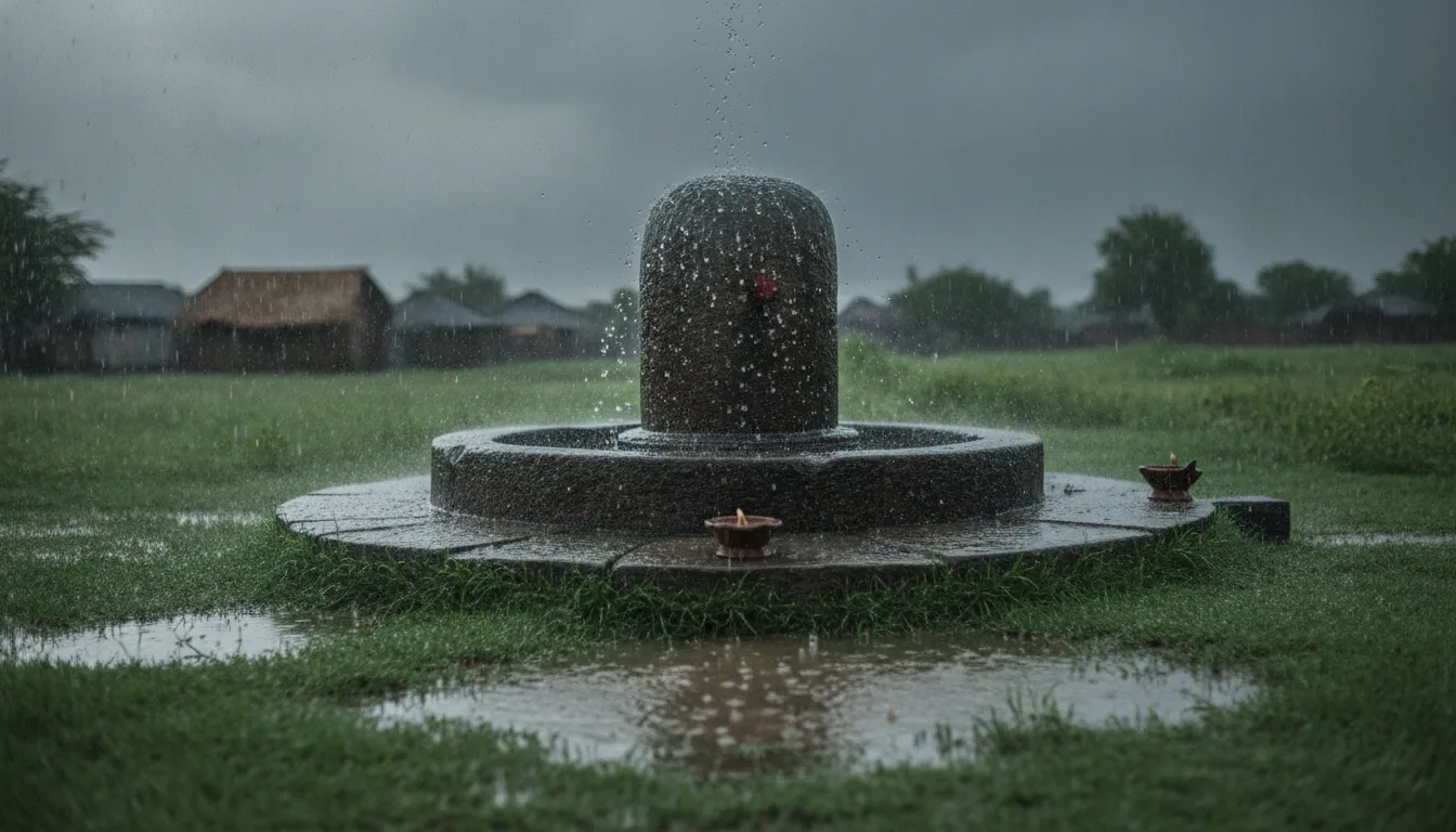 An open air stone image of shivling hd in a rural village setting glistening with fresh monsoon rain drops.