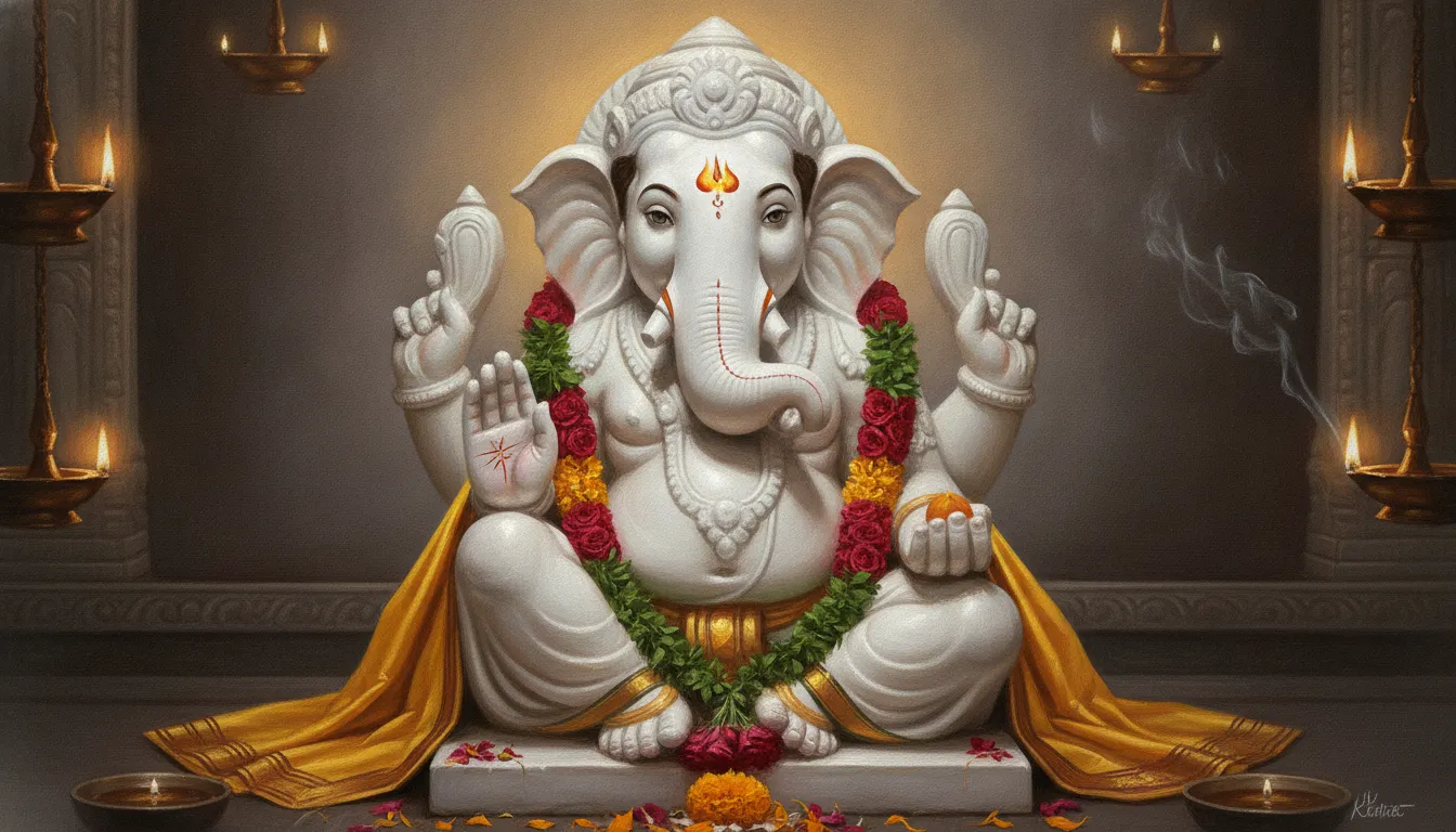 A realistic painting of a white marble Ganesha idol decorated with red vermillion and golden jewelry.
