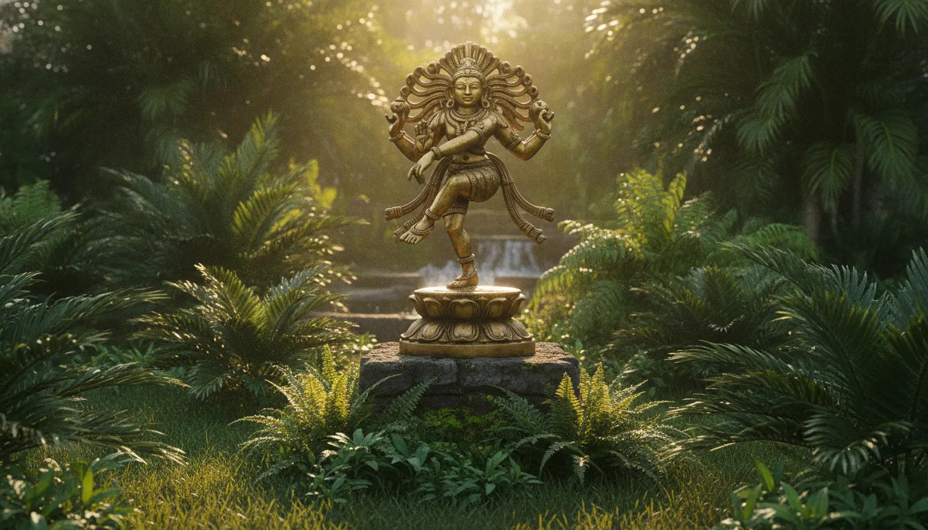 A sleek minimalist golden Nataraja statue with clean lines against a solid matte black wall.