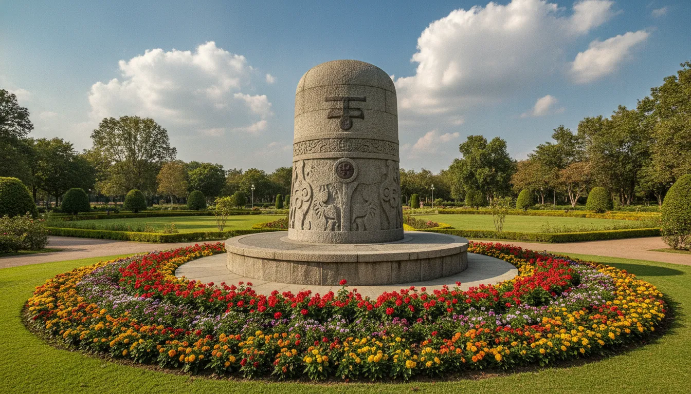 A monumental public Shivling statue located inside a beautifully manicured garden with blooming red and yellow flowers.