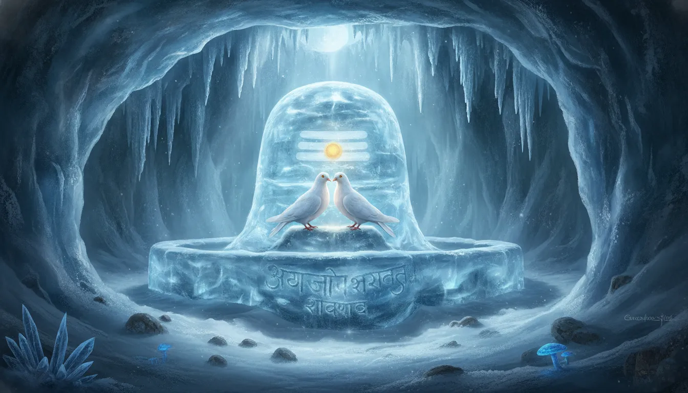 Two white doves perched on a rock ledge inside a frozen cave near a glowing ice Shivling.