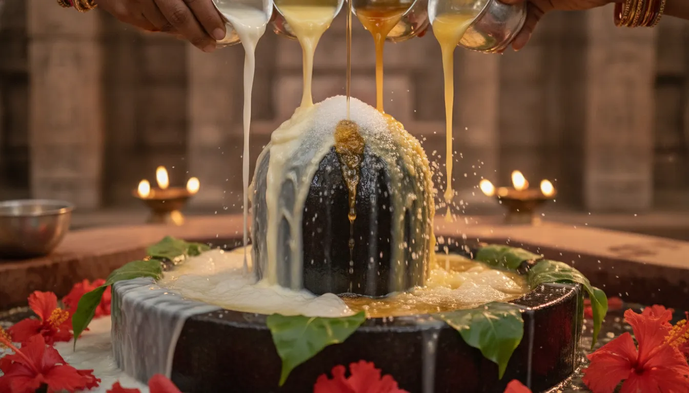 Macro shot of honey and curd being offered to the Singheshwar Mandir Shivling during a Panchamrut ritual.
