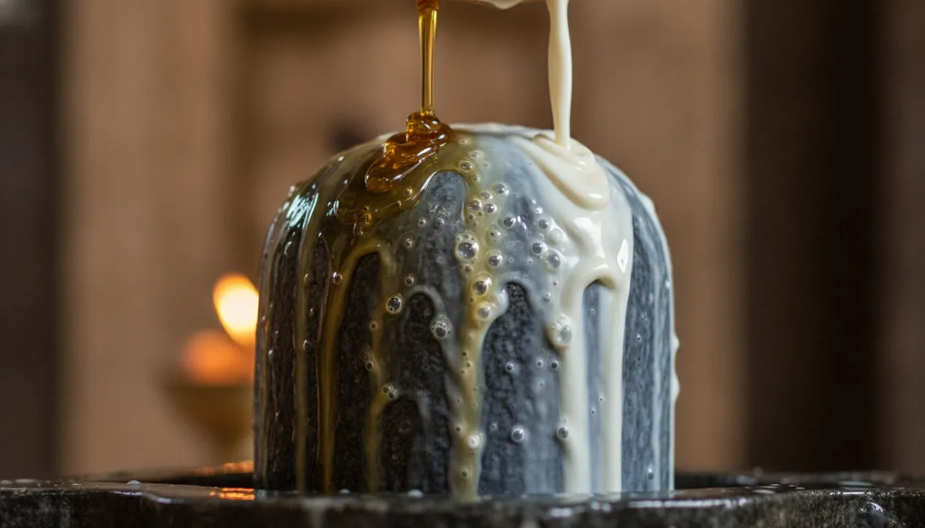 Ritual pouring of honey and milk on dark stone shivling in 4K