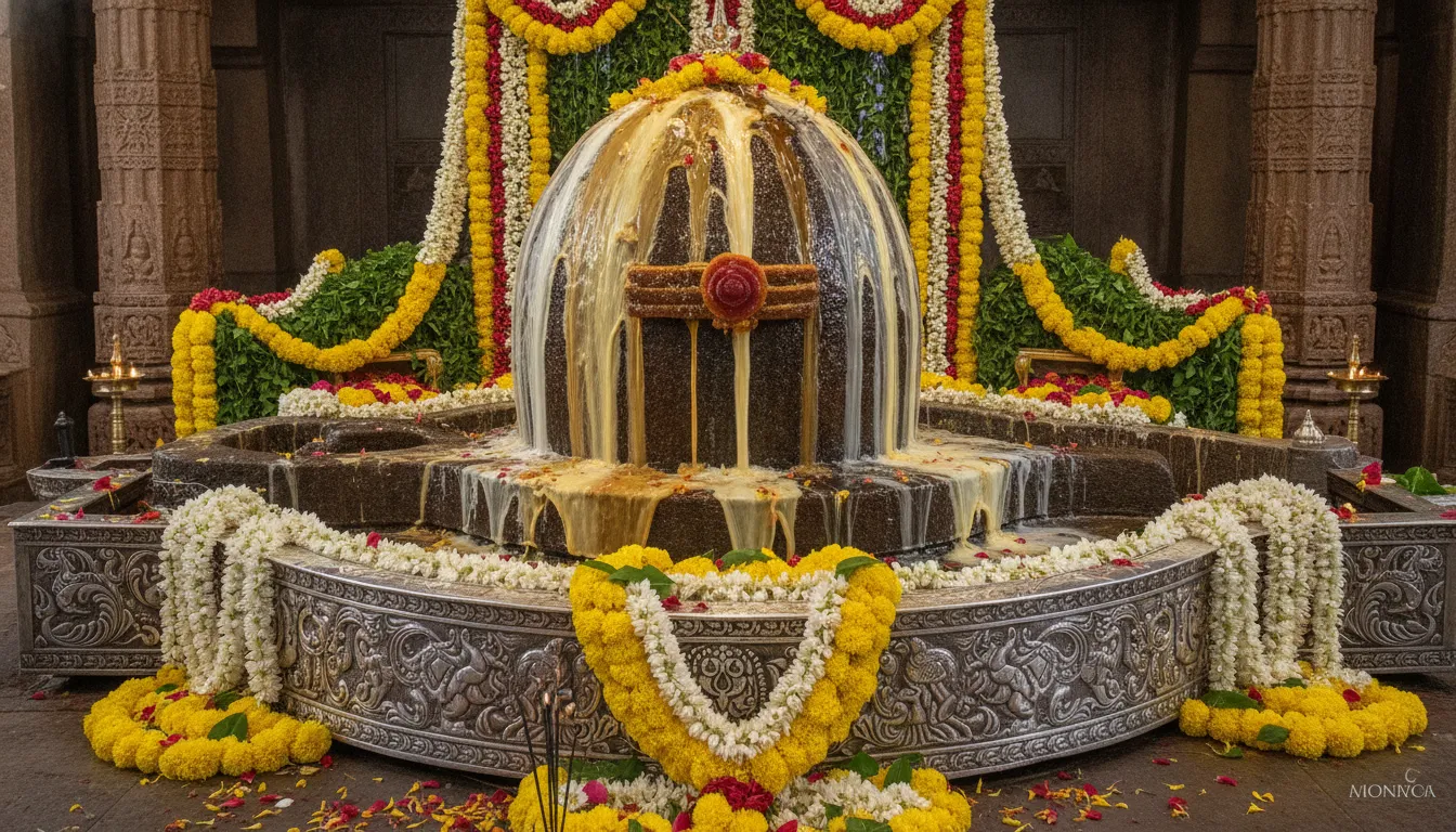 Authentic HD shivling images original with abishakam combining five sacred nectars during a festival.