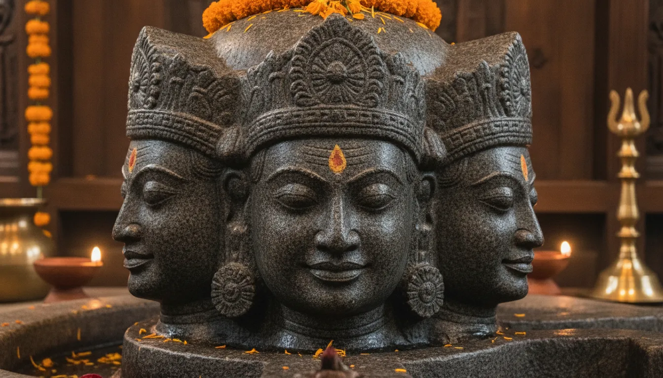 Five-faced Pashupatinath Shivling made of dark stone with intricate carvings representing five faces of Lord Shiva.