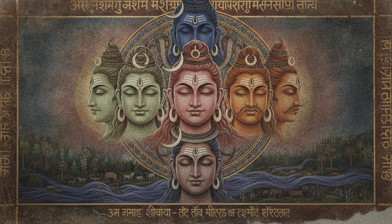A classic traditional depiction of the five-faced Lord Shiva in vintage color tones.