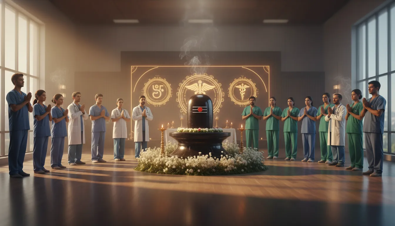 A team of diverse medical doctors joining hands together in front of a majestic Shivling inside a hospital meditation hall.