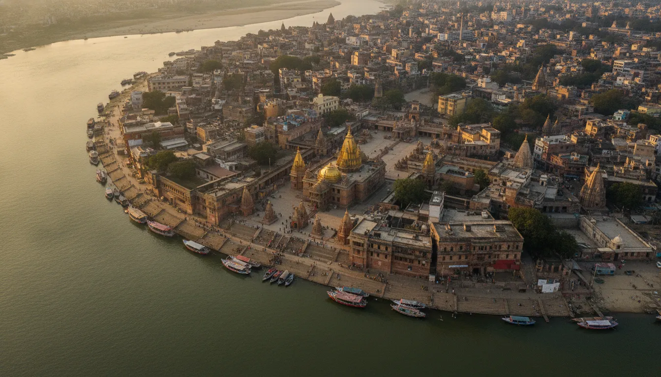 An aerial view showcasing the sprawling Kashi Vishwanath Temple complex nestled along the banks of the sacred Ganges River.