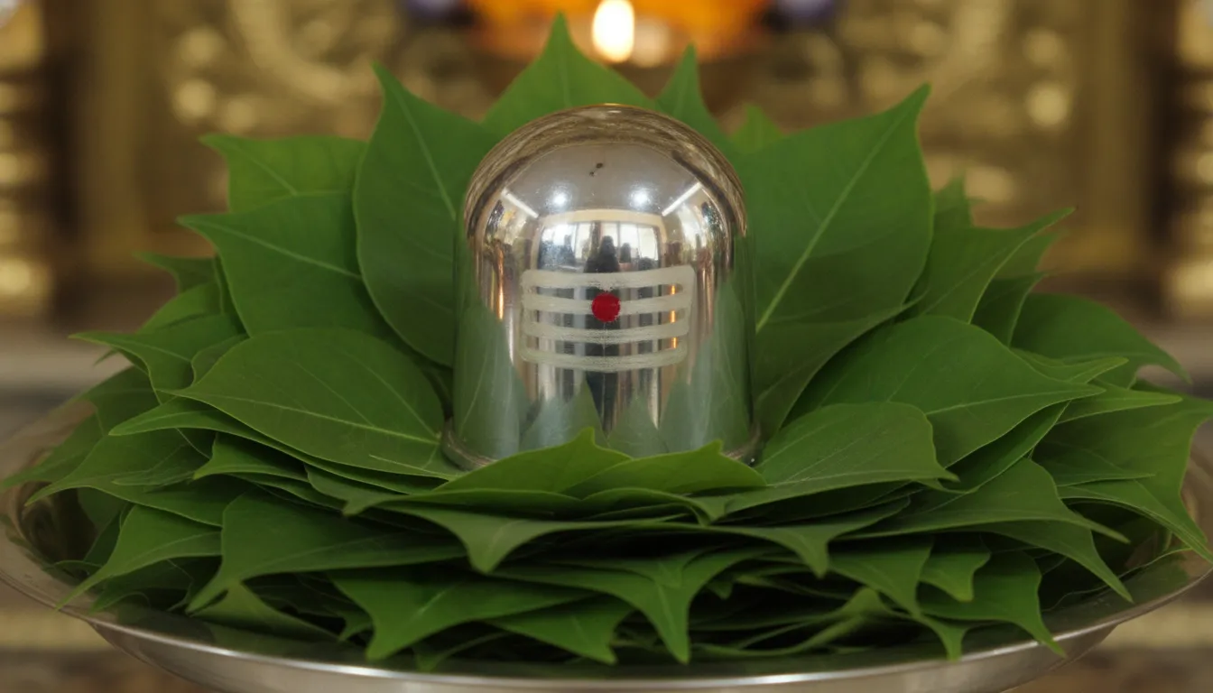 Close-up of a silver-toned parad shivling surrounded by green triple-foliate bel patra leaves and holy ash bhasma