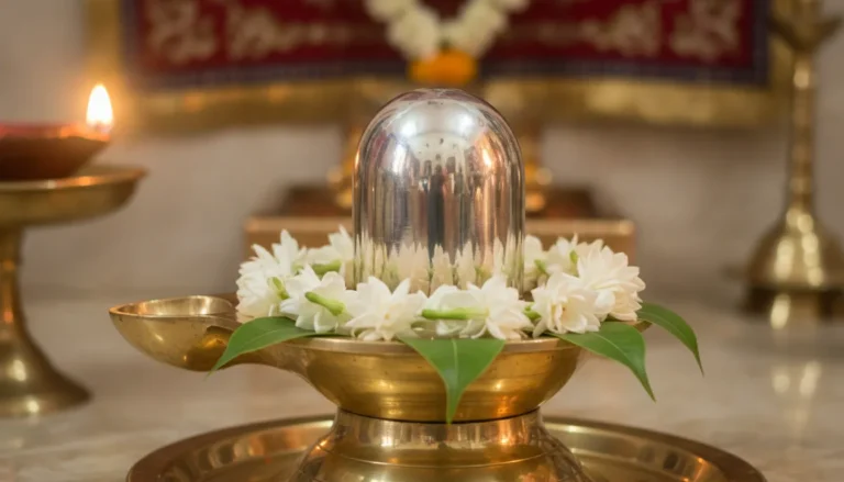 Sacred Parad Shivling made of pure mercury on a brass stand