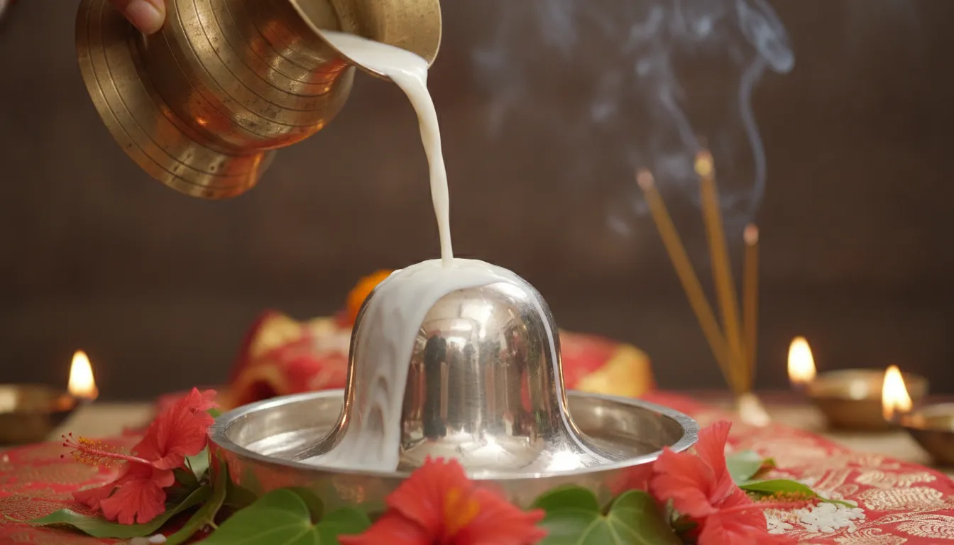Holy water and fresh raw milk being poured over a shiny silver-finished parad shivling during a traditional abhishek ritual