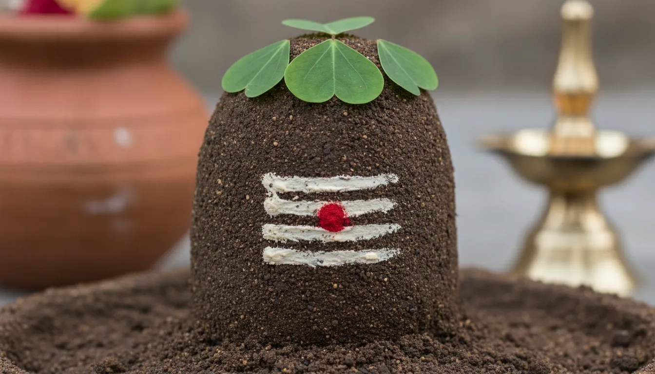 Hand-sculpted Parthiv clay Shivling decorated for daily worship