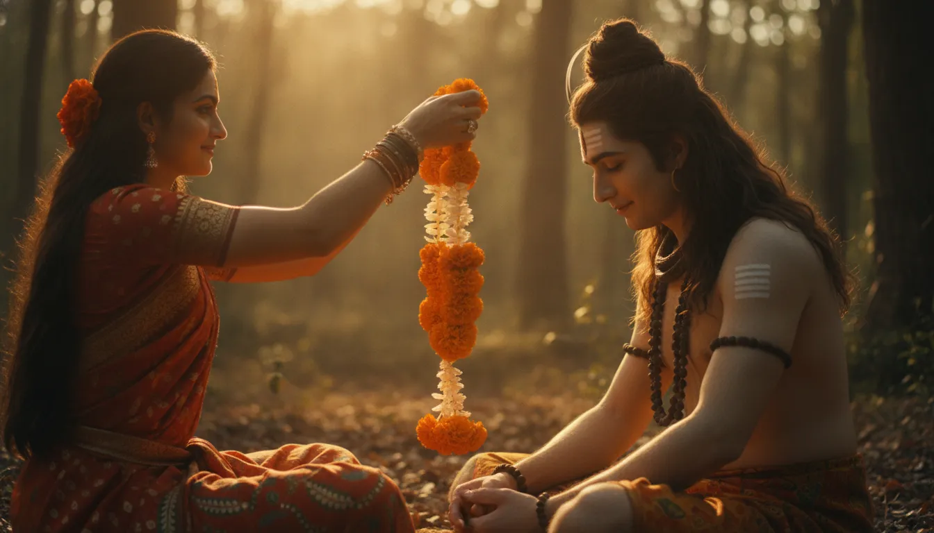Goddess Parvati placing a freshly woven marigold garland around Lord Shiva’s neck in a sacred grove.