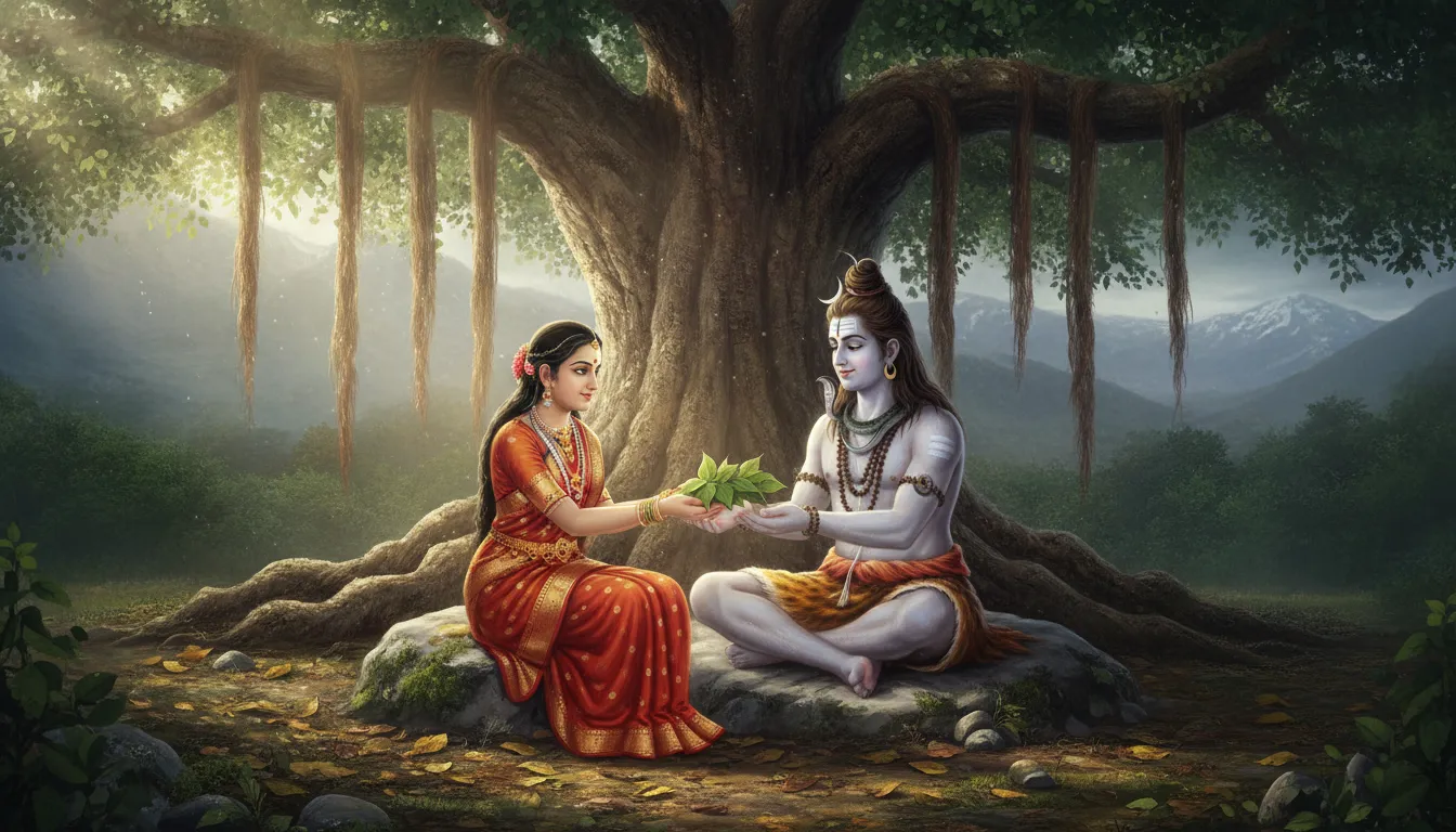 Goddess Parvati gently placing green Bel leaves on Lord Shiva's hands