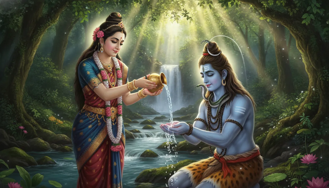 Goddess Parvati gently pouring sacred water into the hands of Lord Shiva near a mountain stream.
