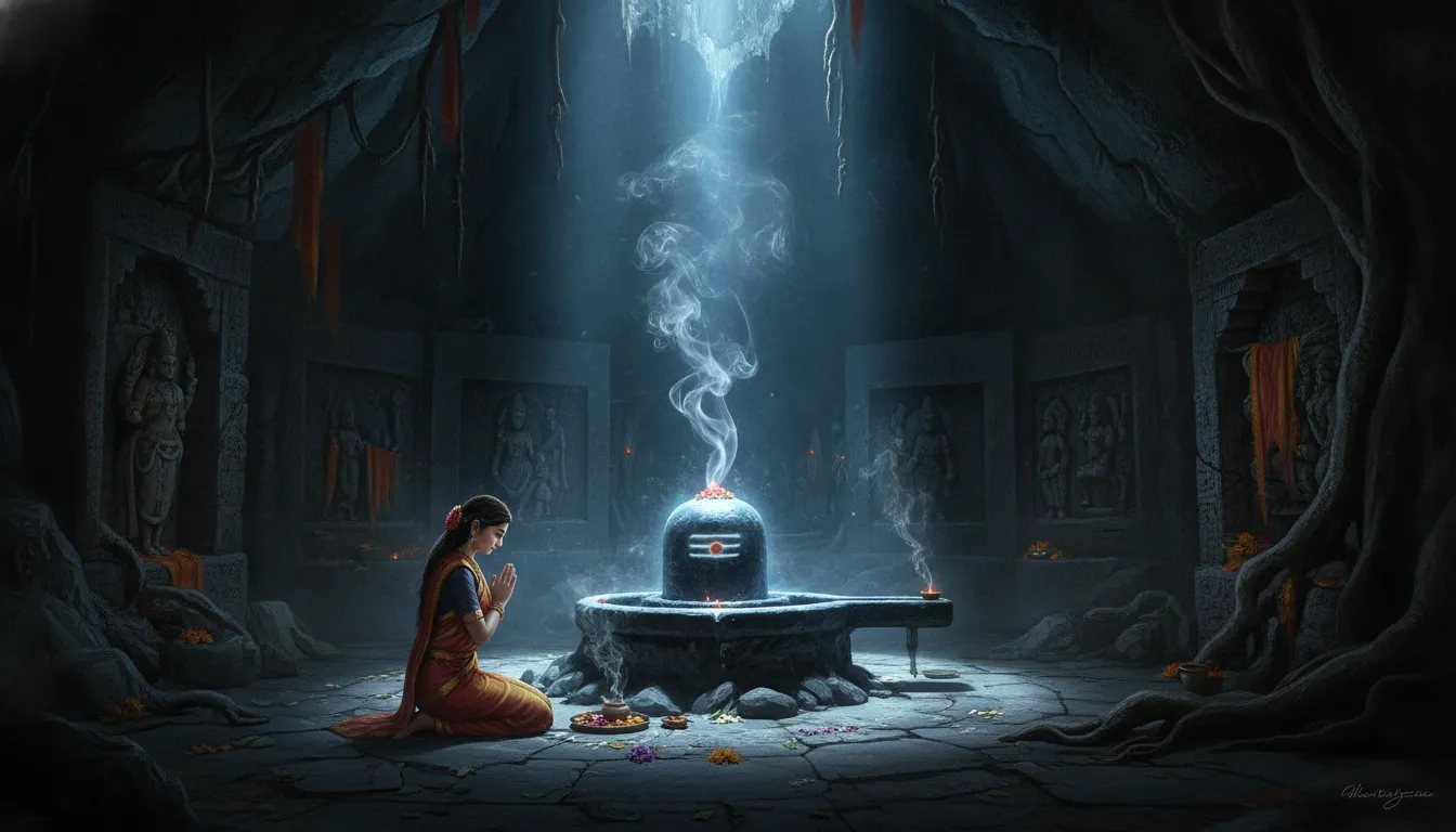 Goddess Parvati sitting inside a mystical glow-lit cave worshipping a naturally formed ice Shivling.