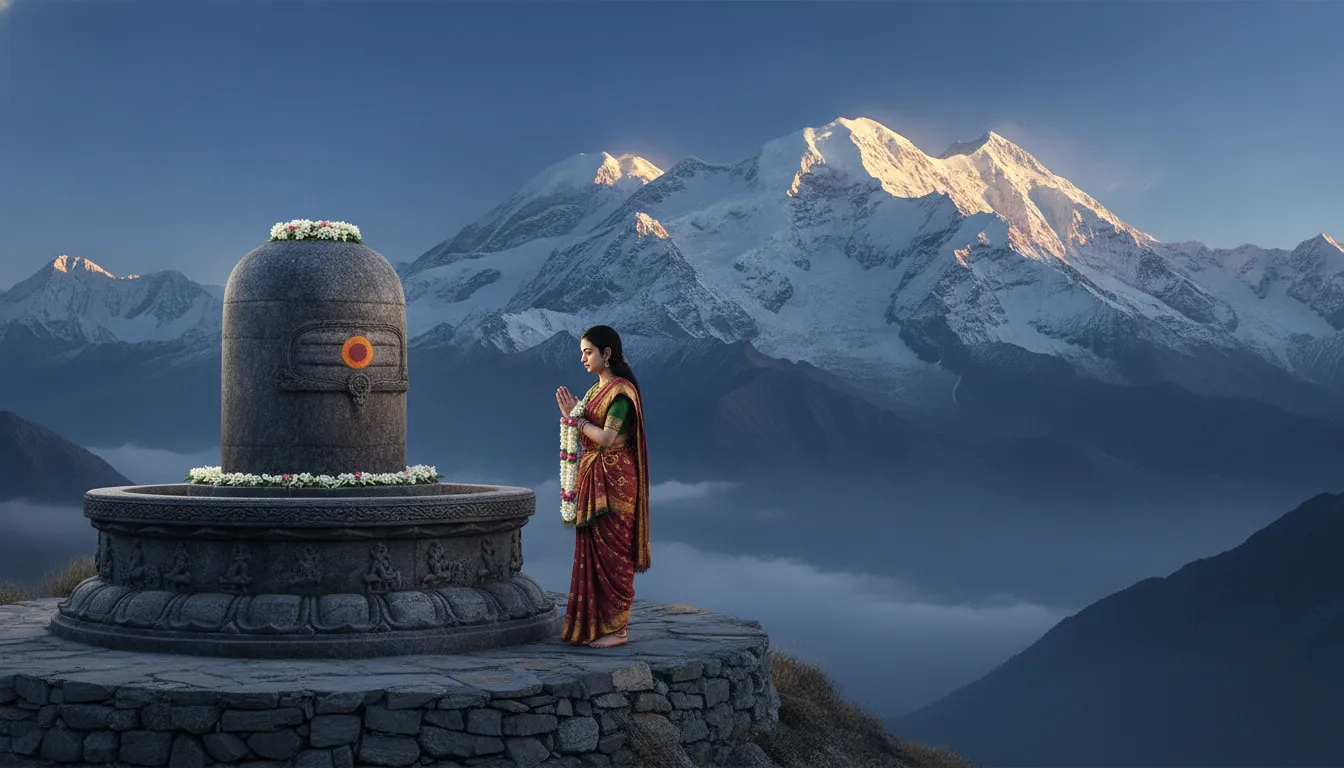 Goddess Parvati performing daily morning prayers to a Shivling with the snow-covered Mount Kailash in the background.