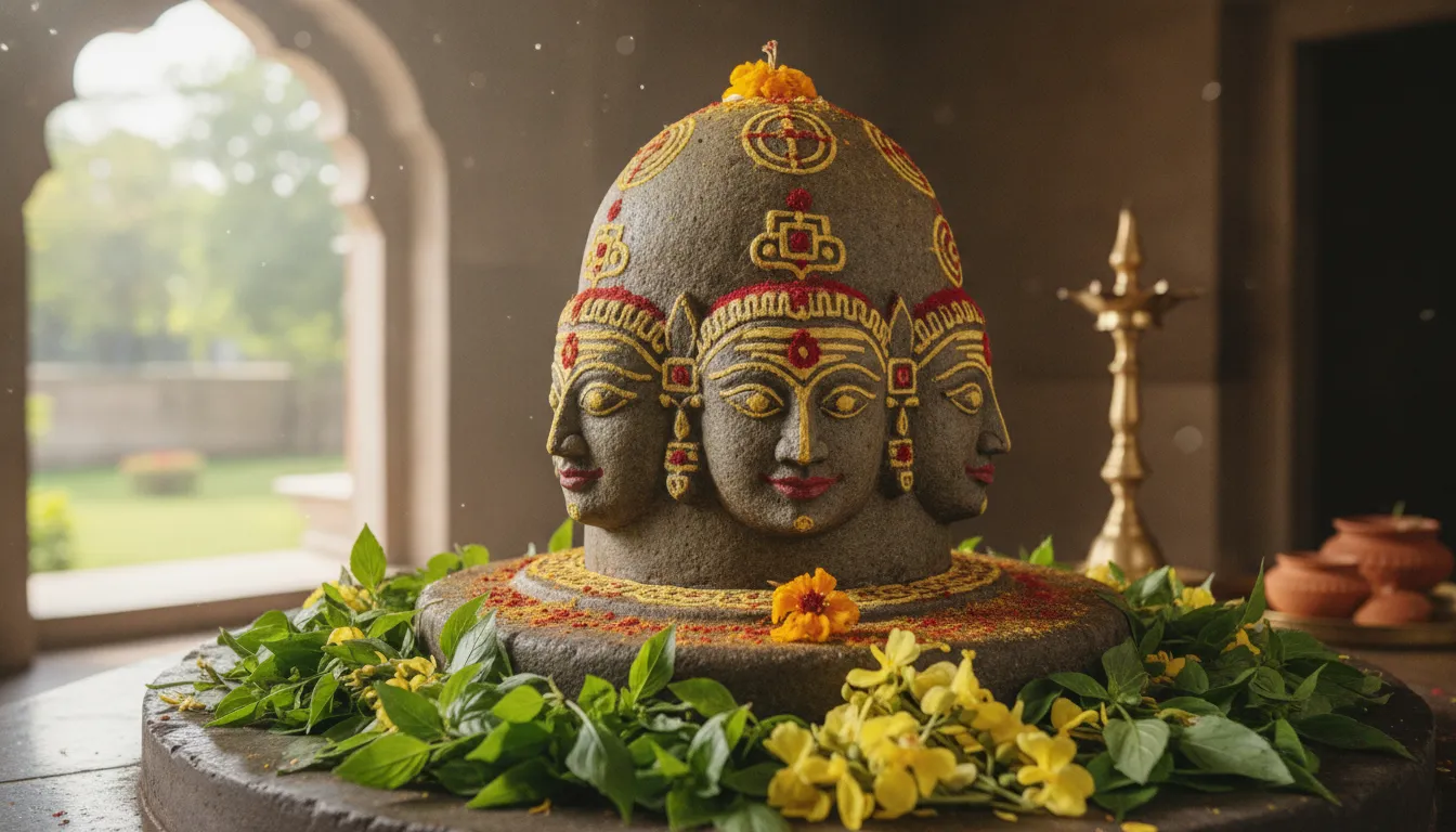 Four faced stone shivling decorated with intricate yellow sandalwood paste patterns