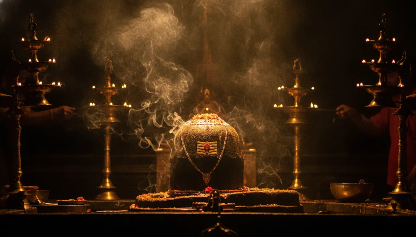 Evening Aarti ceremony of Pashupatinath Shivling with multi-layered brass lamps, smoke, and a golden glow.