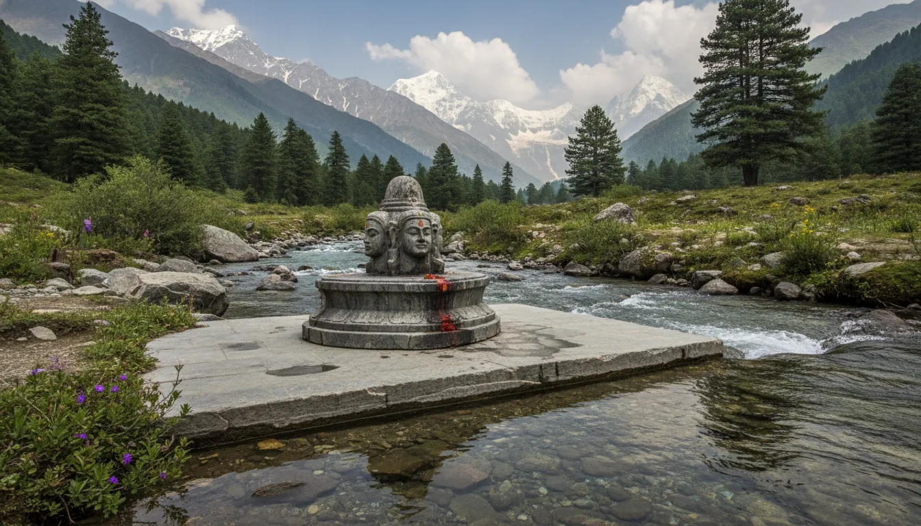 A sacred stone Pashupatinath Shivling placed in a serene Himalayan mountain setting with flowing water.