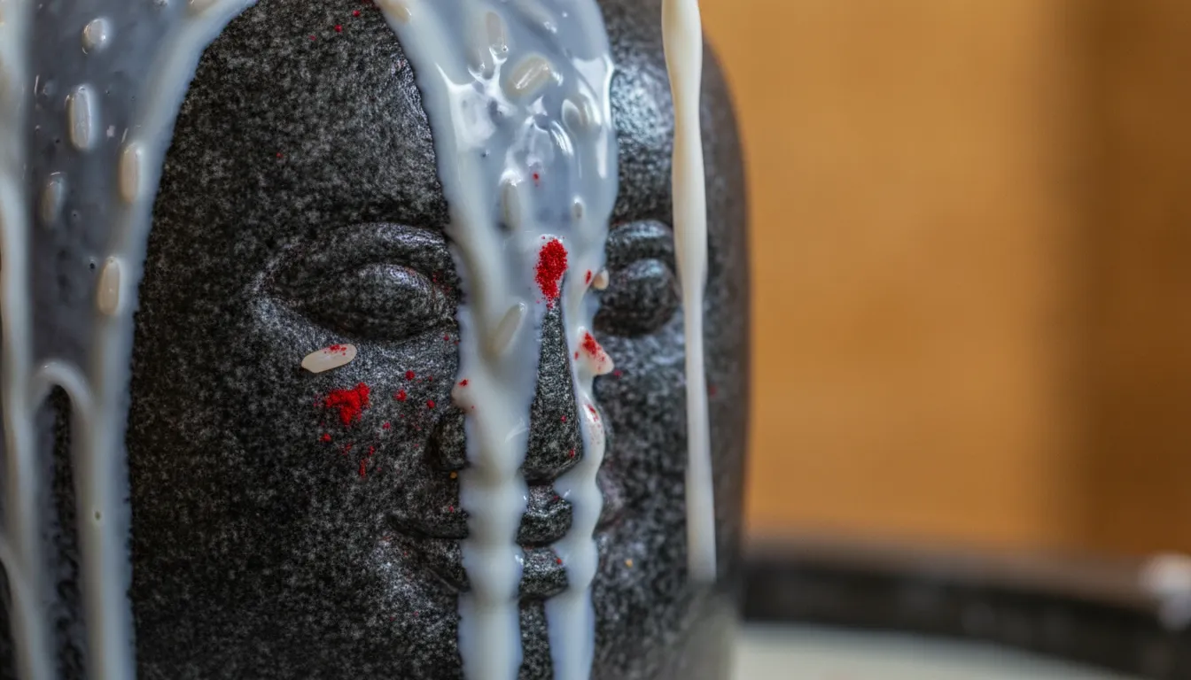 Close up photograph of milk abhishekam being performed on a four faced shivling